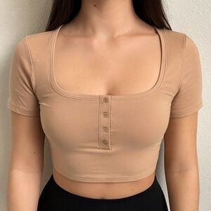 Skims Fits Everybody Henley‎ Crop Top Womens XS Tan Button Up Lightweight Sheer